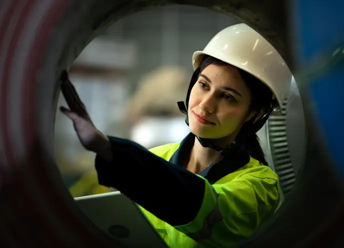 A woman wearing a hard hat and holding a laptop looking through the inside of large plastic tubing.